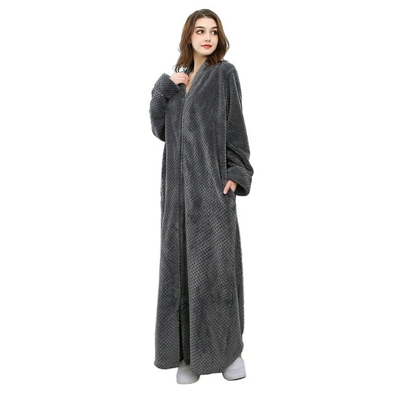Robes for Women, LOFIR Long Womens Robes, Cozy Soft Fluffy Fleece Front Zipper Robe, Warm Plush Winter Bathrobe with Side Pockets,4XL5XL,Grey