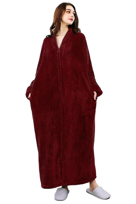 Robes for Women, LOFIR Long Womens Robes, Cozy Soft Fluffy Fleece Front Zipper Robe, Warm Plush Winter Bathrobe with Side Pockets, Burgundy, M