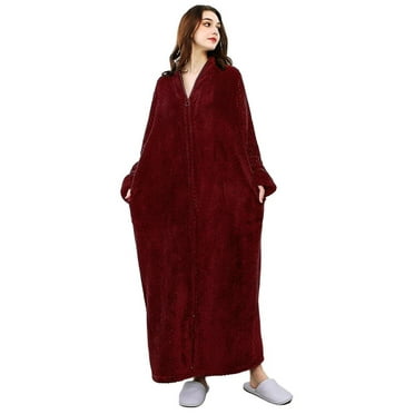 Robes for Women, LOFIR Long Womens Robes, Cozy Soft Fluffy Fleece Front Zipper Robe, Warm Plush Winter Bathrobe with Side Pockets, Burgundy, XL