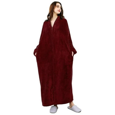 Robes for Women, LOFIR Long Womens Robes, Cozy Soft Fluffy Fleece Front Zipper Robe, Warm Plush Winter Bathrobe with Side Pockets, Burgundy, XL