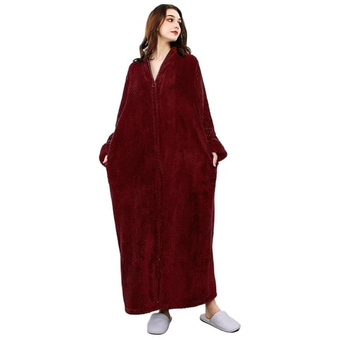 Robes for Women, LOFIR Long Womens Robes, Cozy Soft Fluffy Fleece Front Zipper Robe, Warm Plush Winter Bathrobe with Side Pockets, Burgundy, XL