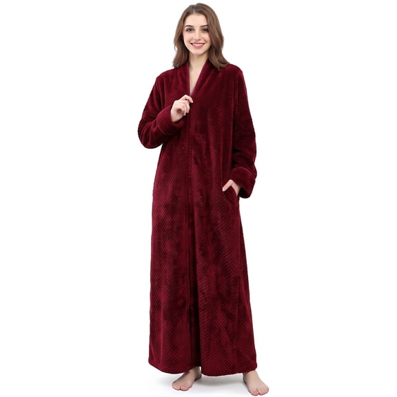 Robes for Women, LOFIR Long Womens Robes, Cozy Soft Fluffy Fleece Front Zipper Robe, Warm Plush Winter Bathrobe with Side Pockets, Burgundy, XL