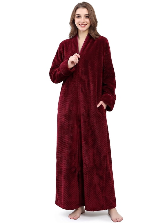 Robes for Women, LOFIR Long Womens Robes, Cozy Soft Fluffy Fleece Front Zipper Robe, Warm Plush Winter Bathrobe with Side Pockets, Burgundy, XL