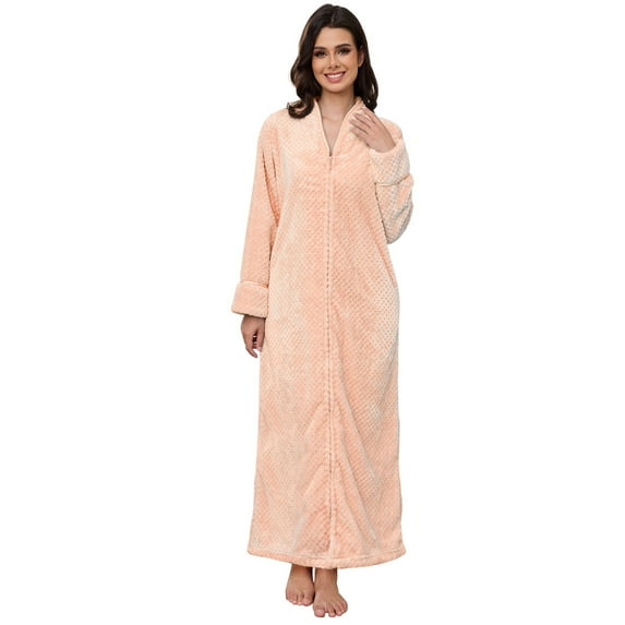 Robes for Women, LOFIR Long Womens Robes, Cozy Soft Fluffy Fleece Front Zipper Robe, Warm Plush Winter Bathrobe with Side Pockets, Coral, XL