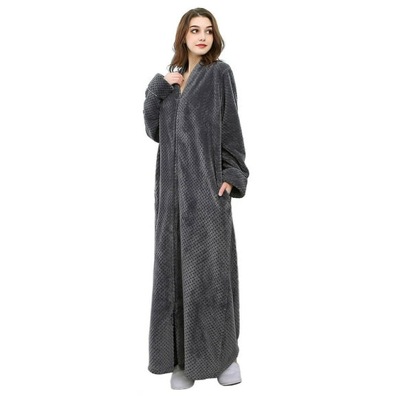 Robes for Women, LOFIR Long Womens Robes, Cozy Soft Fluffy Fleece Front Zipper Robe, Warm Plush Winter Bathrobe with Side Pockets, Gray, L