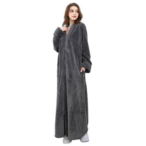 Robes for Women, LOFIR Long Womens Robes, Cozy Soft Fluffy Fleece Front Zipper Robe, Warm Plush Winter Bathrobe with Side Pockets, Gray, M