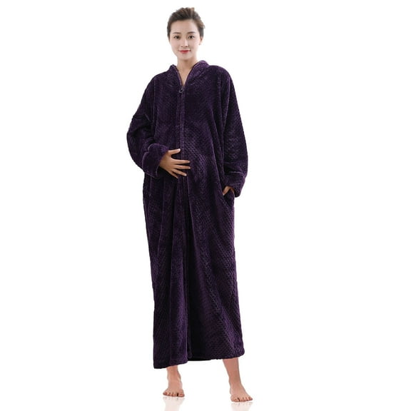 Robes for Women, LOFIR Long Womens Robes, Cozy Soft Fluffy Fleece Front Zipper Robe, Warm Plush Winter Bathrobe with Side Pockets, Purple, 2XL3XL