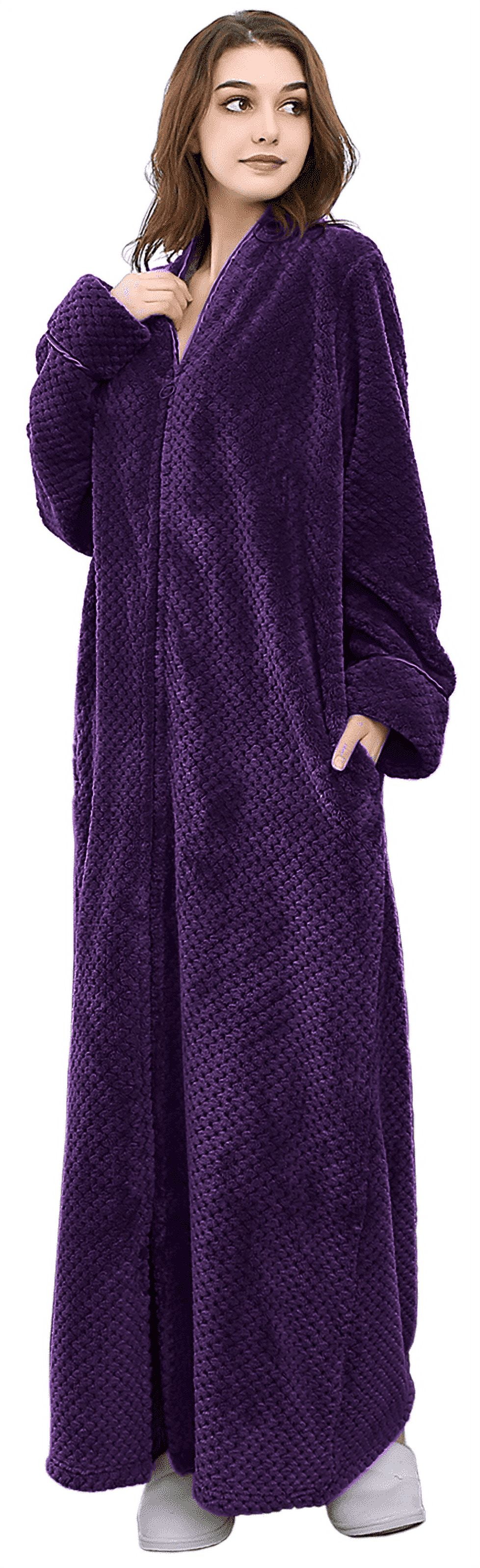 LOFIR Women's Lightweight Full Length Zip Bathrobe, Soft Fluffy Fleece