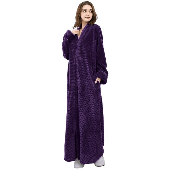 Robes for Women, LOFIR Long Womens Robes, Cozy Soft Fluffy Fleece Front Zipper Robe, Warm Plush Winter Bathrobe with Side Pockets, Purple, M