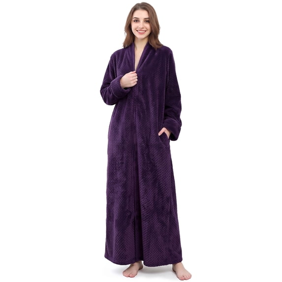 Robes for Women, LOFIR Long Womens Robes, Cozy Soft Fluffy Fleece Front Zipper Robe, Warm Plush Winter Bathrobe with Side Pockets, Purple, M