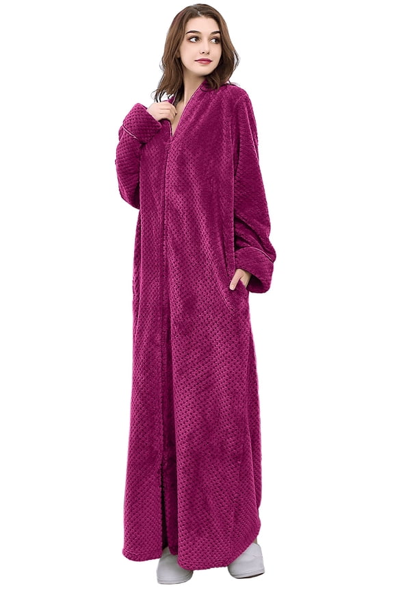 Robes for Women, LOFIR Long Womens Robes, Cozy Soft Fluffy Fleece Front Zipper Robe, Warm Plush Winter Bathrobe with Side Pockets, Rose, M