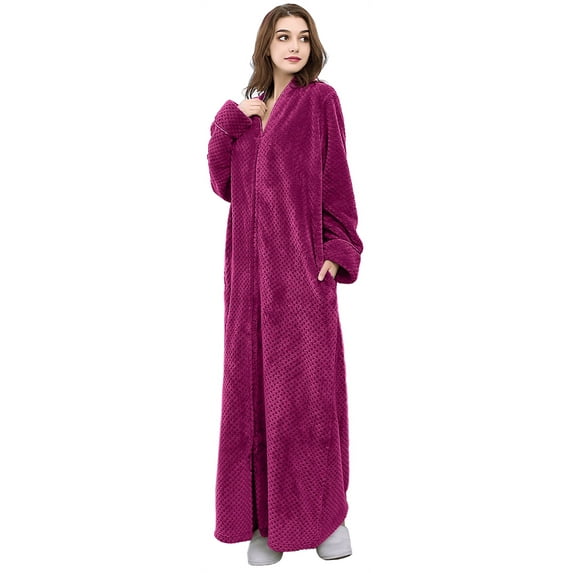 Robes for Women, LOFIR Long Womens Robes, Cozy Soft Fluffy Fleece Front Zipper Robe, Warm Plush Winter Bathrobe with Side Pockets, Rose, M