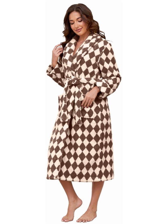 Robes for Women – AMITOFO Thick Fluffy Fleece Womens Robe, Long Plaid Bathrobe with Pockets and Belt, Soft Warm Sleepwear for Spa, Home & Winter L-XL