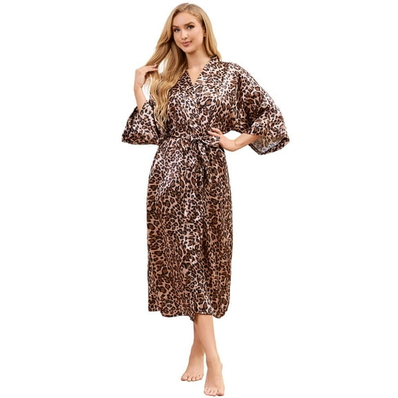 Robes for Women, LOFIR Womens Long Silk Kimono Robes, Satin Silky Bathrobe Robe Soft Floral Bridesmaid Robes for Women, Ladies Sleepwear,Leopard