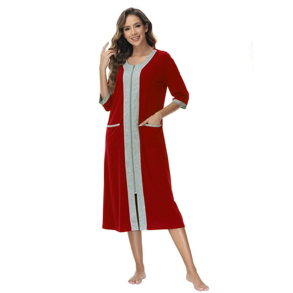Robes for Women, LOFIR Womens Robes Zip Up Front Full Length Lightweight Summer House Coat for Womens Ladies with Zipper 3/4 Sleeve Pocket