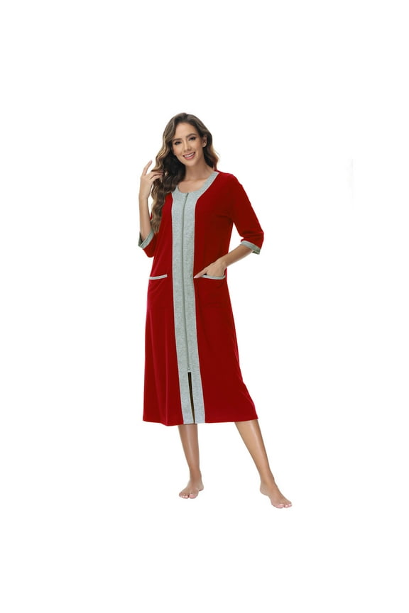 Robes for Women, LOFIR Womens Robes Zip Up Front Full Length Lightweight Summer House Coat for Womens Ladies with Zipper 3/4 Sleeve Pocket