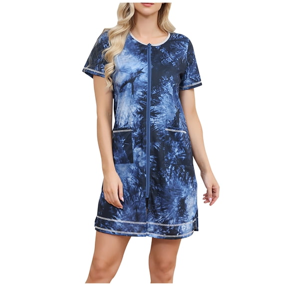 Robes for Women Lightweight Zipper Front Bathrobe Comfort Printed Short Nightgown with Pockets Spring Home Wear Coat, Blue, S