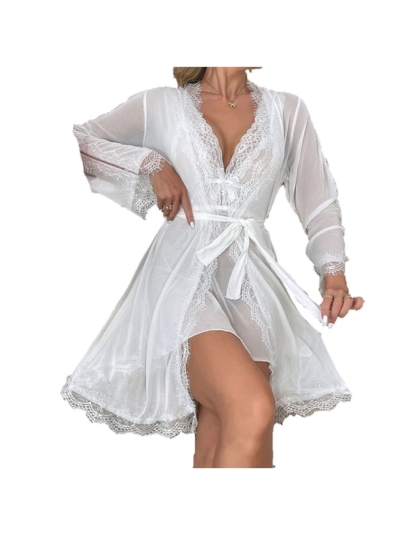 Robes for Women Mesh Transparent Pajamas Long Sleeve Casual Solid Nightdress Home Wear