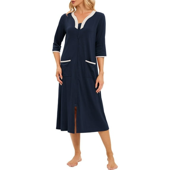 Robes for Women: Syphoria Lightweight Summer Womens Robes, Zip Up Front 3/4 Sleeves Lightweight Housecoat with Pockets