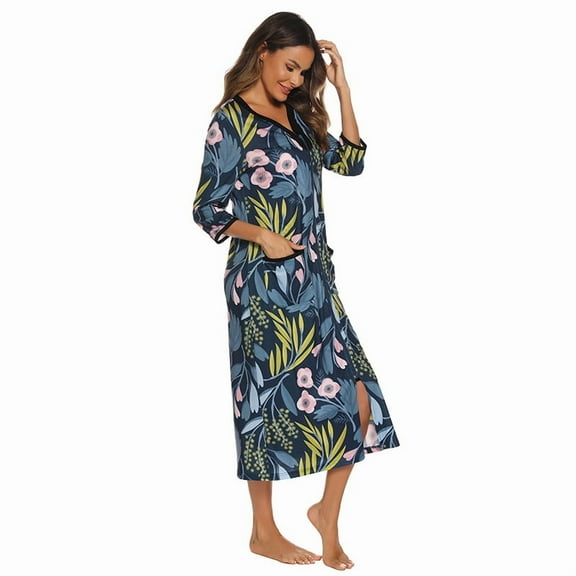 Robes for Women: Syphoria Lightweight Summer Womens Robes, Zip Up Front 3/4 Sleeves Lightweight Housecoat with Pockets