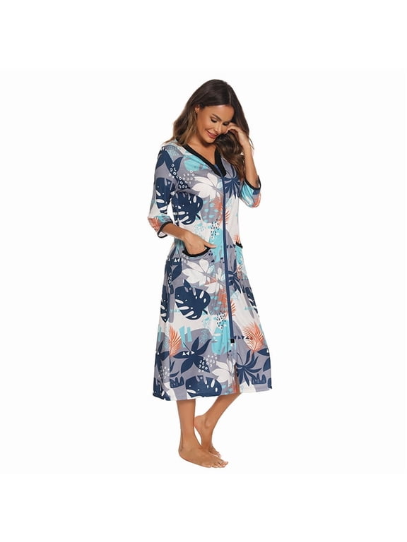 Robes for Women: Syphoria Lightweight Summer Womens Robes, Zip Up Front 3/4 Sleeves Lightweight Housecoat with Pockets