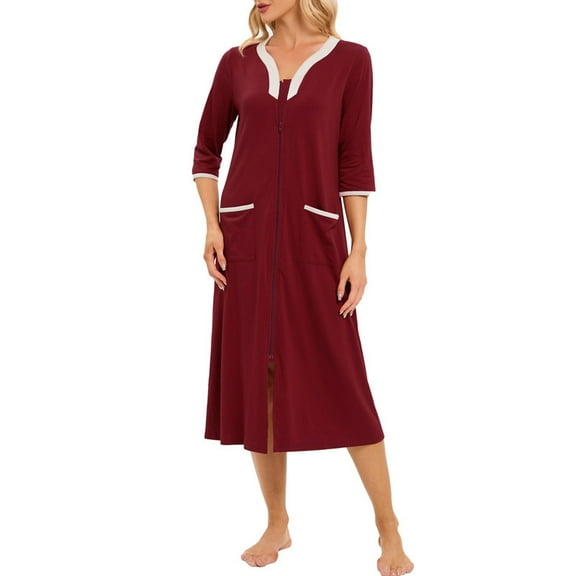 Robes for Women: Syphoria Lightweight Summer Womens Robes, Zip Up Front 3/4 Sleeves Lightweight Housecoat with Pockets