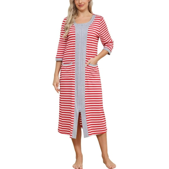 Robes for Women: Syphoria Zip Up Front Summer Robe for Women, 3/4 Sleeves Lightweight Housecoat with Pockets
