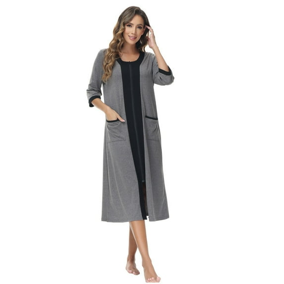 Robes for Women: Syphoria Zip Up Front Summer Robe for Women, 3/4 Sleeves Lightweight Housecoat with Pockets