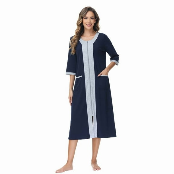 Robes for Women: Syphoria Zip Up Front Summer Robe for Women, 3/4 Sleeves Lightweight Housecoat with Pockets