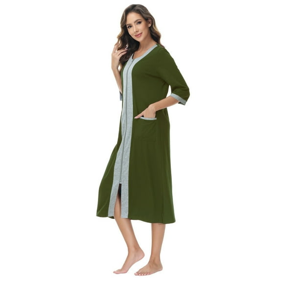 Robes for Women: Syphoria Zip Up Front Summer Robe for Women, 3/4 Sleeves Lightweight Housecoat with Pockets
