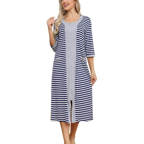 Robes for Women: Syphoria Zip Up Front Summer Robe for Women, 3/4 Sleeves Lightweight Housecoat with Pockets