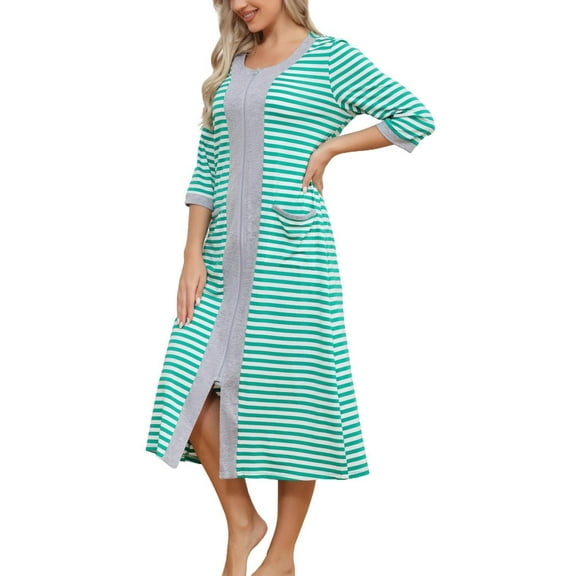 Robes for Women: Syphoria Zip Up Front Summer Robe for Women, 3/4 Sleeves Lightweight Housecoat with Pockets