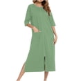 thumbnail image 1 of Robes for Women Zipper Front Bathrobe 3/4 Lenght Sleeve House Coat Long Nightgown With Pockets Soft Loungewear, 1 of 7