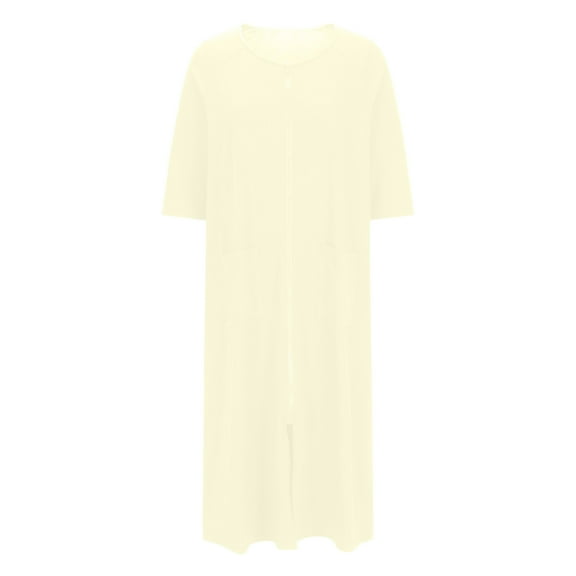 Robes for Women Zipper Front Soft Bathrobe Short Sleeve House Coat Long Nightgown With Pockets