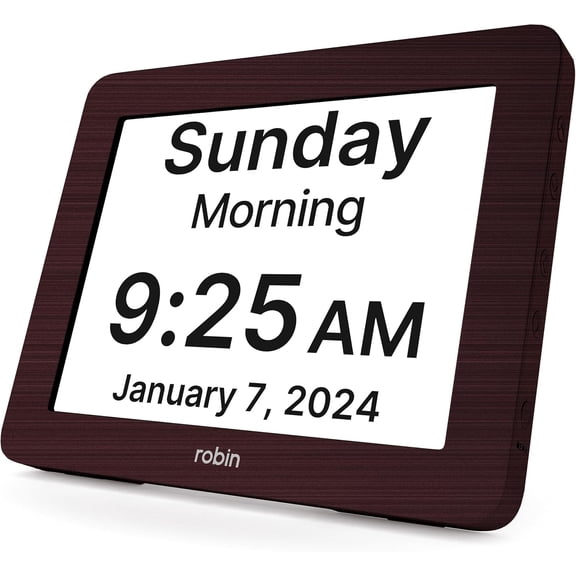 Robin Day Clock with Day and Date for Elderly, Clocks for Seniors, Dementia Clock, Digital Calendar Clock Elderly, Bedside Clocks Seniors, Alzheimers Products, Dementia Clocks, Mahogany 8"