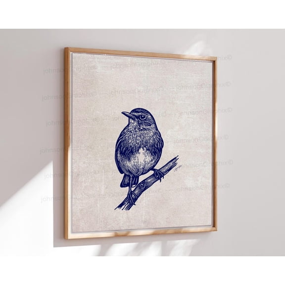 Robin Art Print Blue Linocut Style Bird Wall Decor, Unframed Paper Poster 11x14in