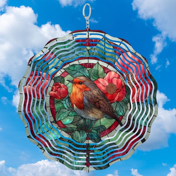 Robin Bird Camellia Flower 3D Wind Spinner Sublimation Stainless Steel Decor