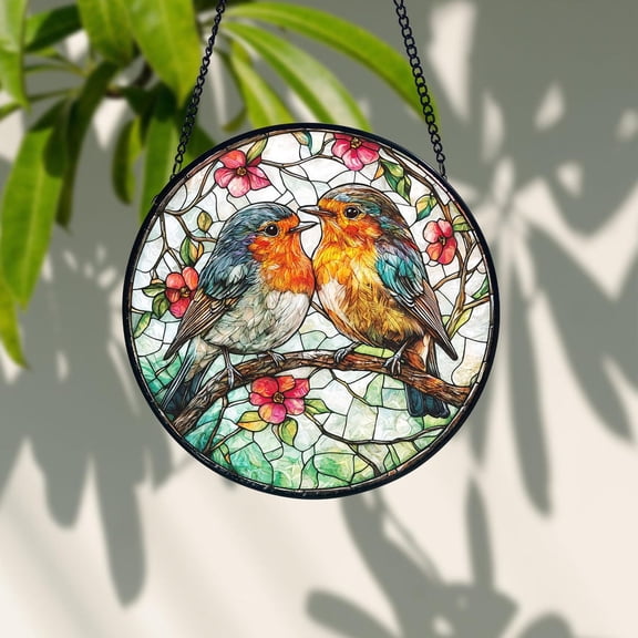 Robin Bird Couple Glass Suncatcher, Romantic Red Robin Window Hanging, Wedding or Anniversary Gift, 6.3 in