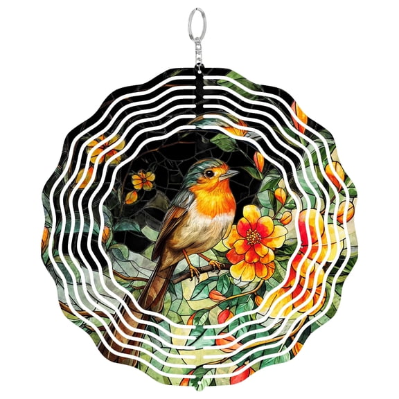 Robin Bird Floral 3D Wind Spinner Kinetic Stainless Steel Hanging Garden Decor