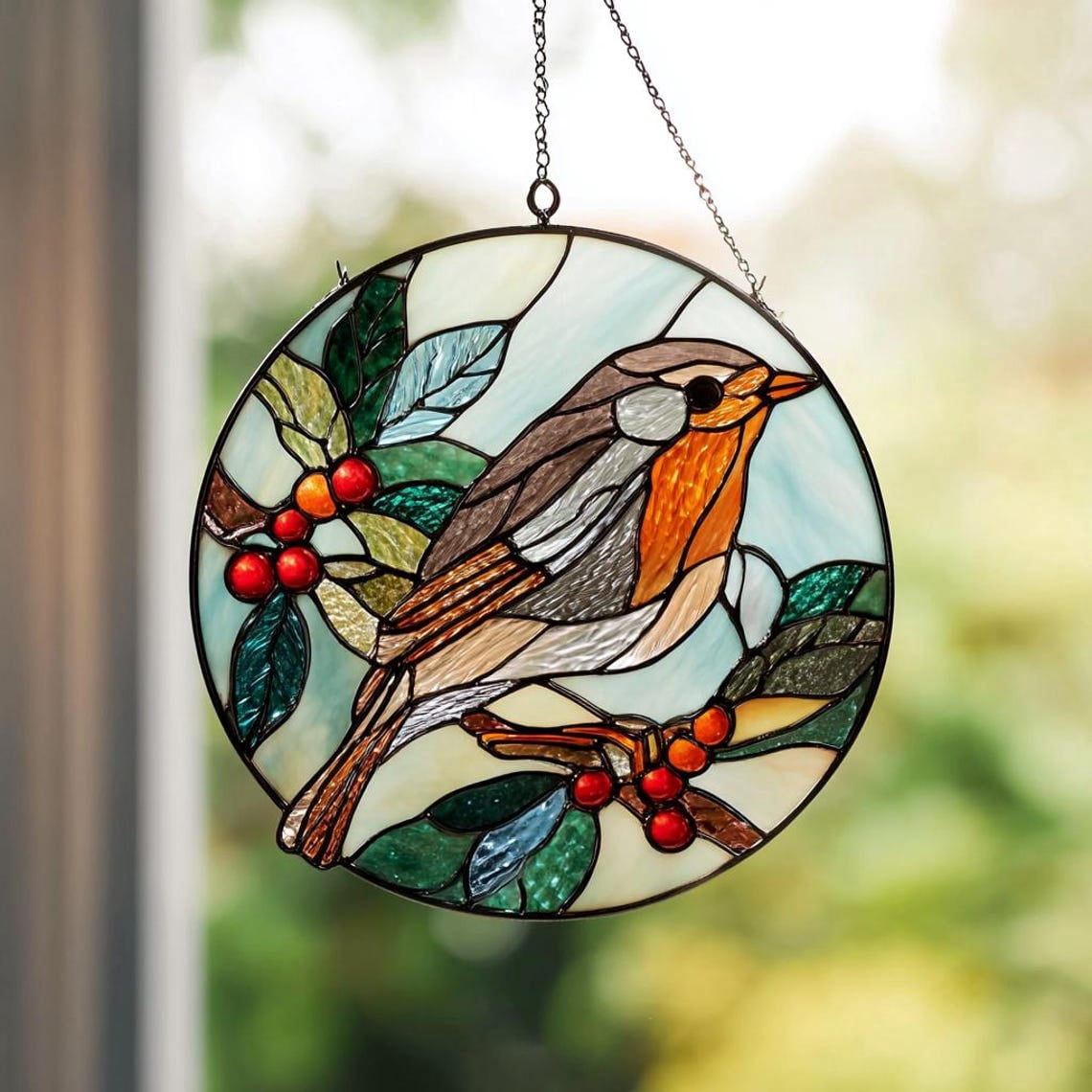 Robin Bird Glass Suncatcher, Michigan Bird Flower Natural Art Mom ...