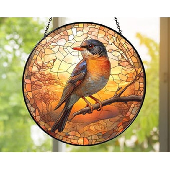 Robin Bird Glass Suncatcher | Songbird Window Hanging | Handmade Spring Nature Home Décor Gift for Bird Lovers, 3.5 in