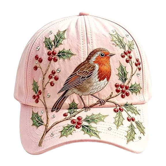 Robin Bird & Holly Berry Embroidered Baseball Cap Rhinestone Accent Lightweight Breathable Adjustable Polyester Hat For Casual Outdoor Wear(Pattern B-65Cm)