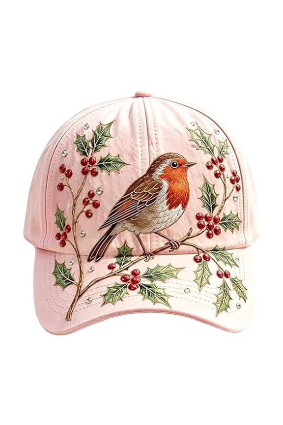 Robin Bird & Holly Berry Embroidered Baseball Cap Rhinestone Accent Lightweight Breathable Adjustable Polyester Hat For Casual Outdoor Wear(Pattern B-65Cm)