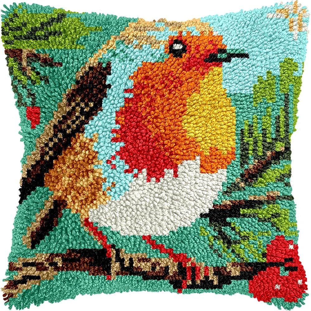 Robin Bird Latch Hook Kits Pillow kits Cushion Throw Pillow Embroidery Craft Kits DIY Kits of DIY Hooking Pillowcase Cover Supplier with Color Printed Canvas 43x43cm (245)