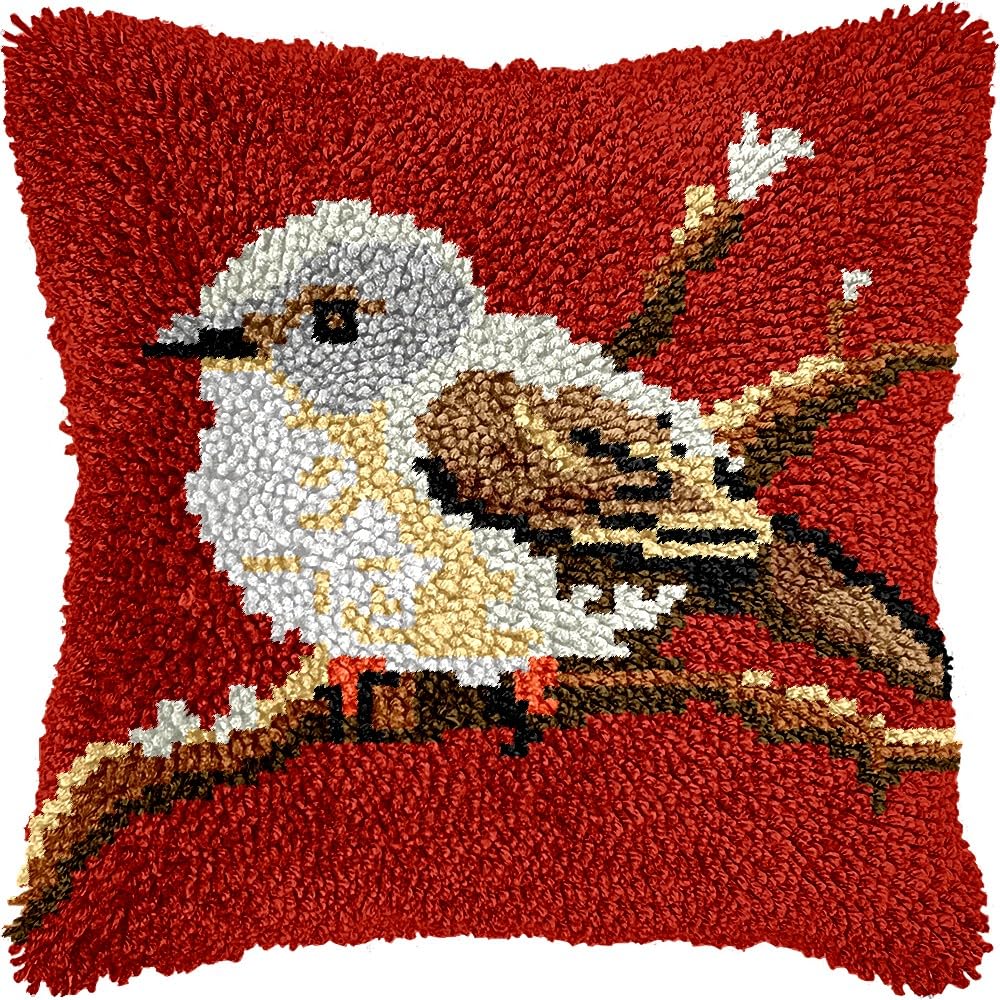 Robin Bird Latch Hook Pillow Kits for DIY Throw Pillow Cushion Embroidery Latch Hooking Pillowcase Kits with Preprinted Canvas Crochet Yarn Kits for Home Decor 17''X 17''(d36)