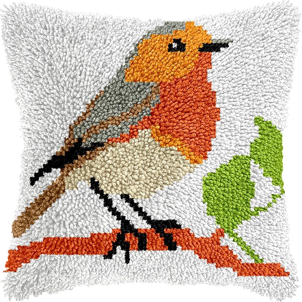 Robin Bird Latch Hook Pillow Kits Pillow Cover Latch Hook Crafts Crochet Knitted Hooking Pillowcase Cushion Crafts Embroidery Latch Hooking Kits Material Set 17x17 inch(202)