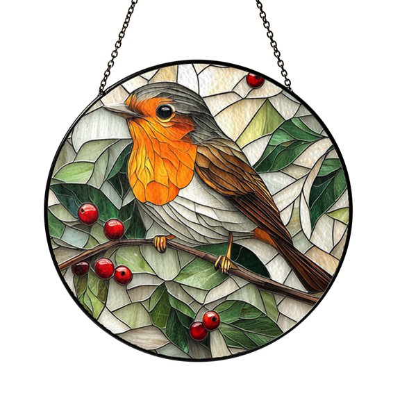 Robin Bird Nature Scene Sun Catcher Stained Glass Style Window Panel