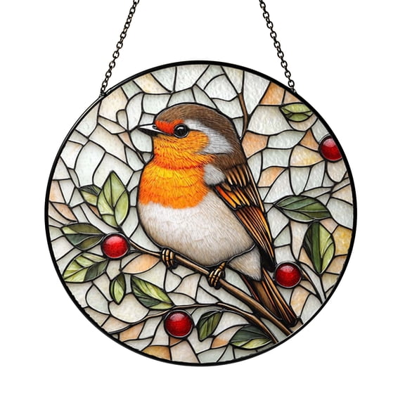 Robin Bird Stained Glass Style Suncatcher Window Hanging Decor, Nature Bird Decorative Glass Panel Art, Garden Window Ornament Home Decor Gift For Bird Lovers