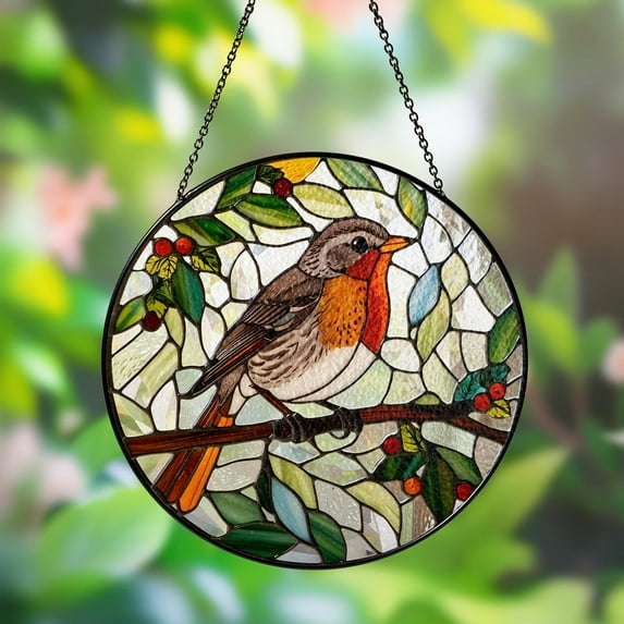 Robin Bird Stained Glass Suncatcher Bird and Flower Window Hanging, Gardening Lover Nature Art Gift