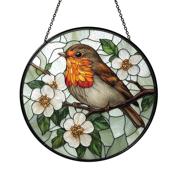 Robin Bird Stained Glass Suncatcher Floral Window Hanging Nature Inspired Home Decor Gift for Bird Lovers